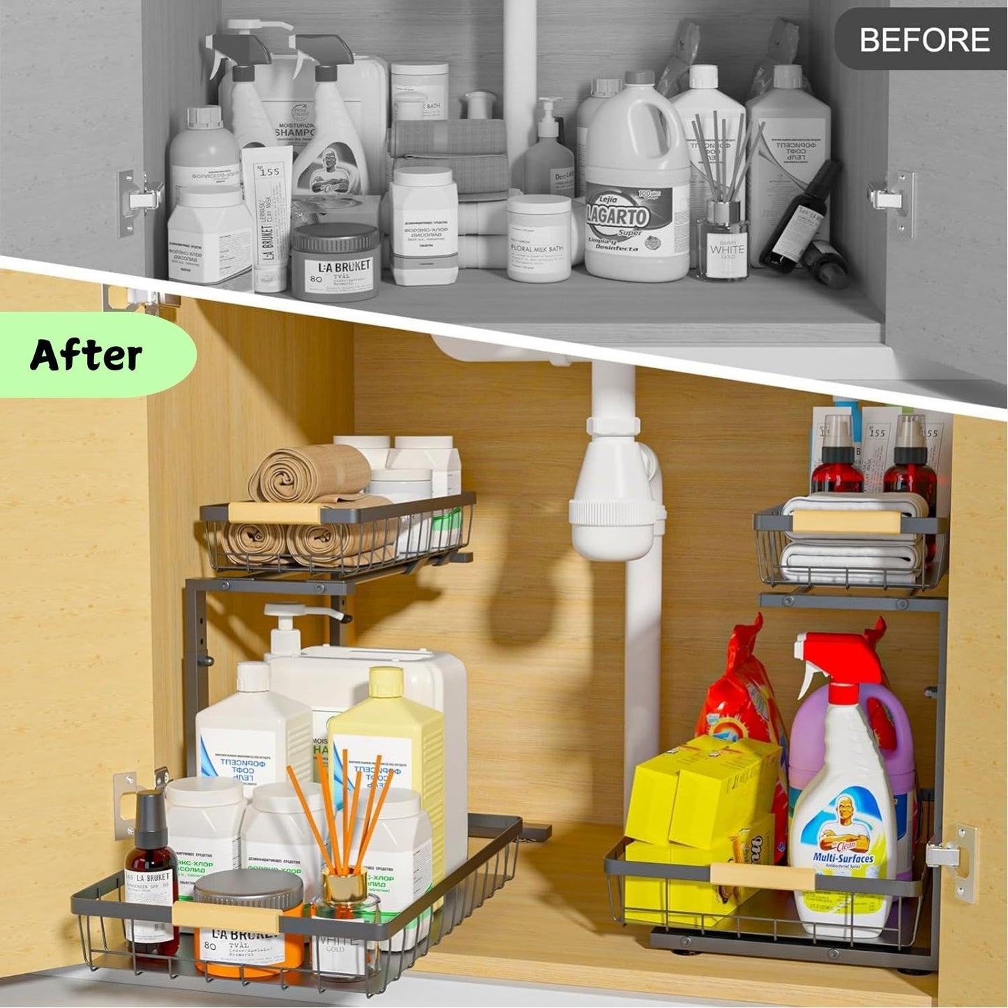 Carla Home 2 Tier Kitchen Under Sink Organiser Storage With Height Adjustable Unique Slide Rail & Suction Cups For