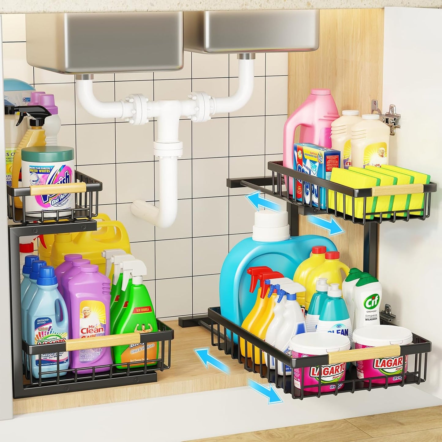 Carla Home 2 Tier Kitchen Under Sink Organiser Storage With Height Adjustable Unique Slide Rail & Suction Cups For