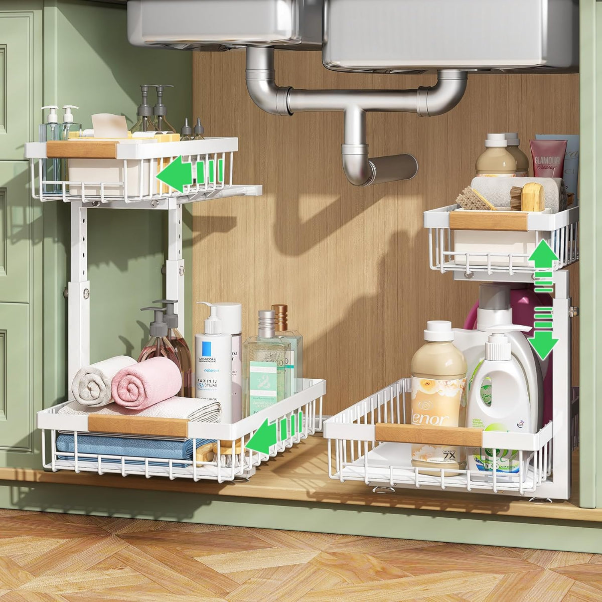 Carla Home 2 Tier Kitchen Under Sink Organiser Storage With Height Adjustable Unique Slide Rail & Suction Cups For White