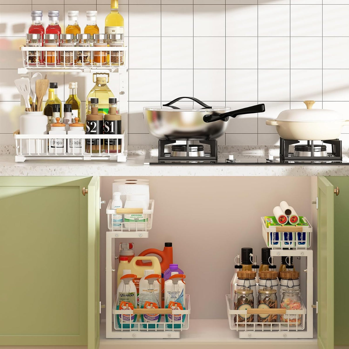 Carla Home 2 Tier Kitchen Under Sink Organiser Storage With Height Adjustable Unique Slide Rail & Suction Cups For White