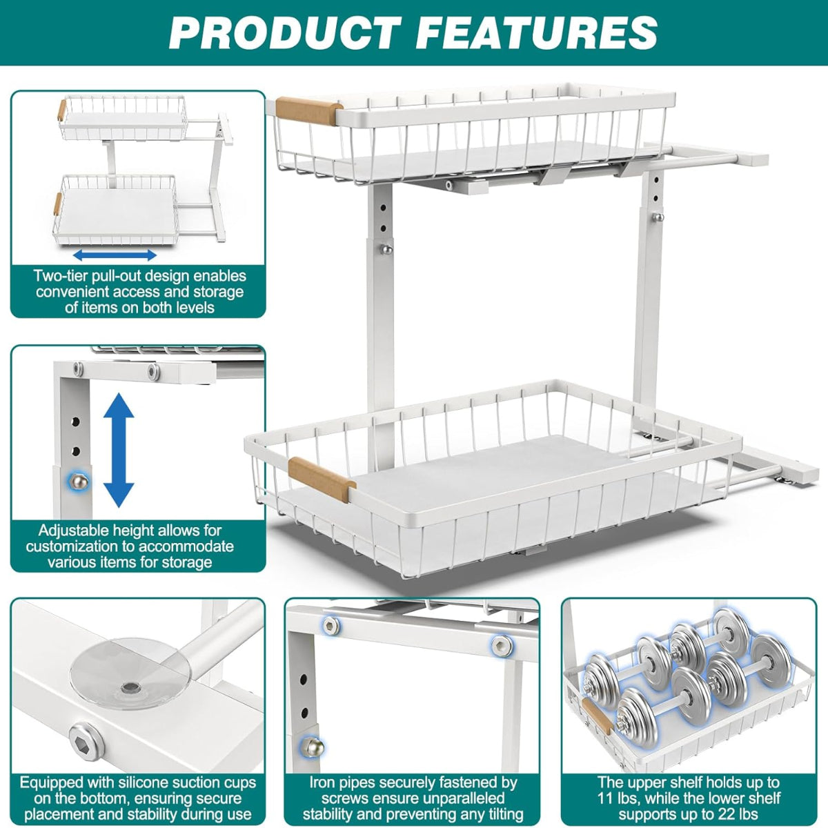Carla Home 2 Tier Kitchen Under Sink Organiser Storage With Height Adjustable Unique Slide Rail & Suction Cups For White