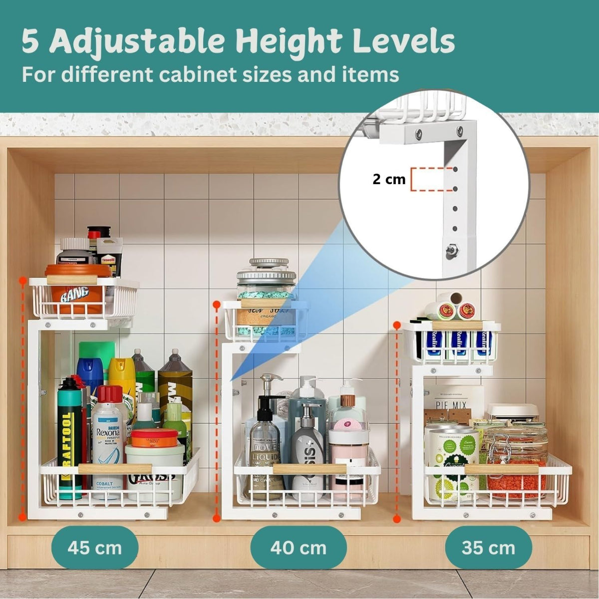 Carla Home 2 Tier Kitchen Under Sink Organiser Storage With Height Adjustable Unique Slide Rail & Suction Cups For White