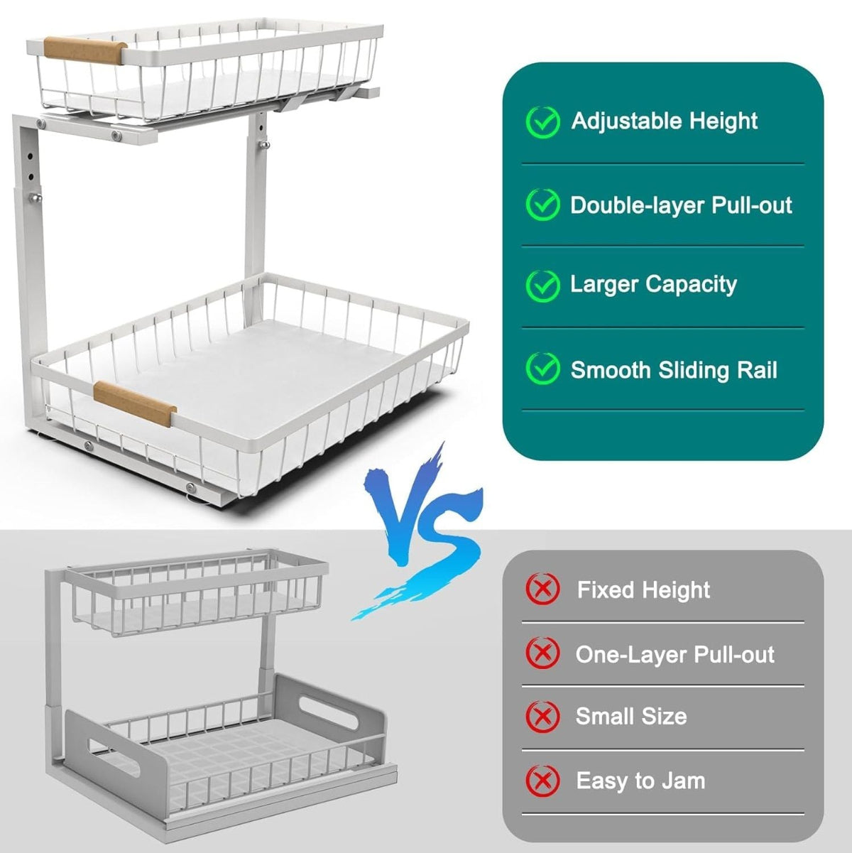 Carla Home 2 Tier Kitchen Under Sink Organiser Storage With Height Adjustable Unique Slide Rail & Suction Cups For White
