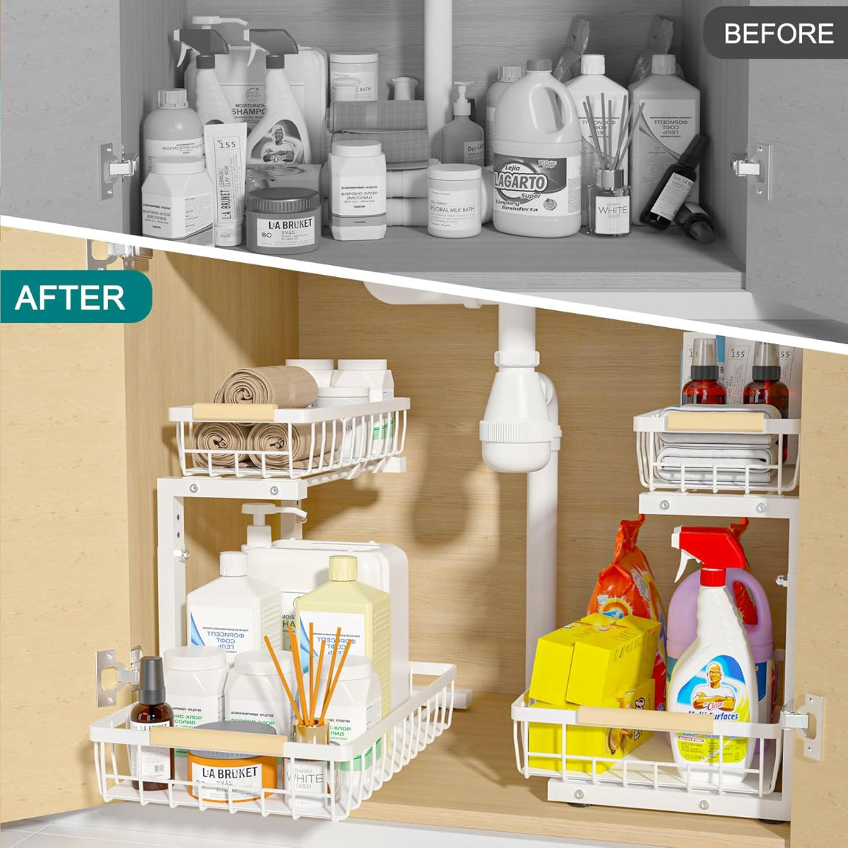 Carla Home 2 Tier Kitchen Under Sink Organiser Storage With Height Adjustable Unique Slide Rail & Suction Cups For White