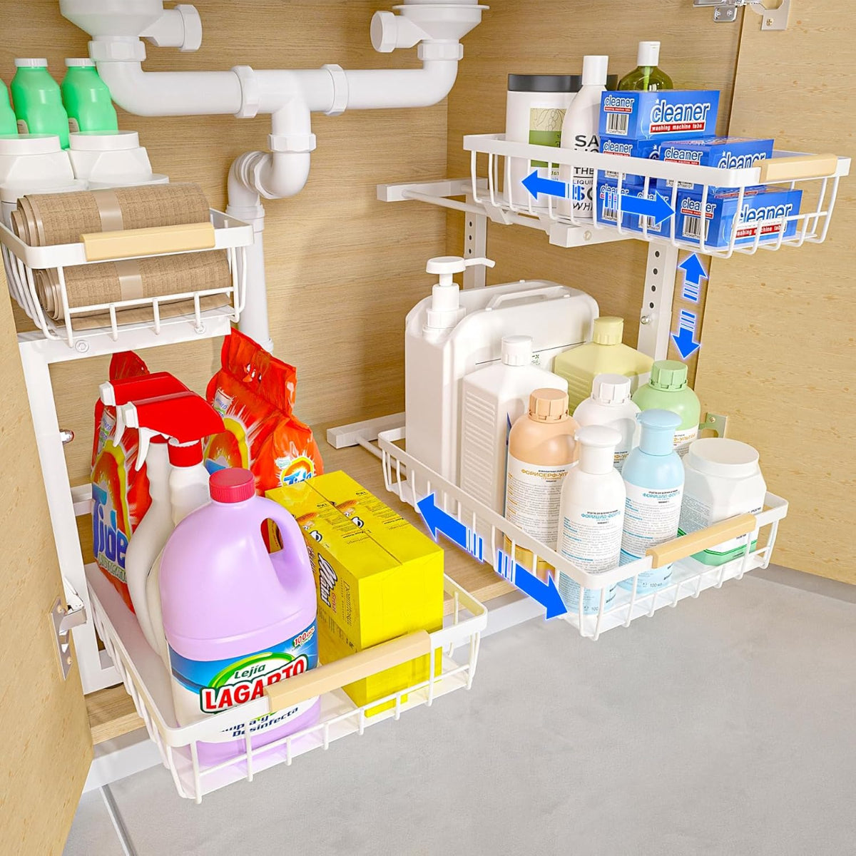 Carla Home 2 Tier Kitchen Under Sink Organiser Storage With Height Adjustable Unique Slide Rail & Suction Cups For White