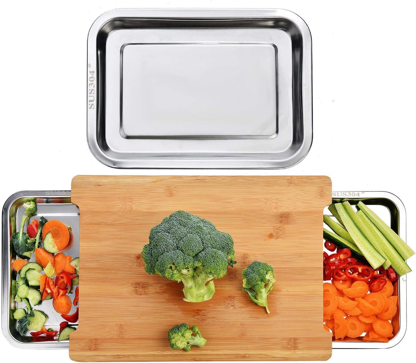 Carla Home Chopping Board With 2 Organiser Stainless Steel Trays Containers