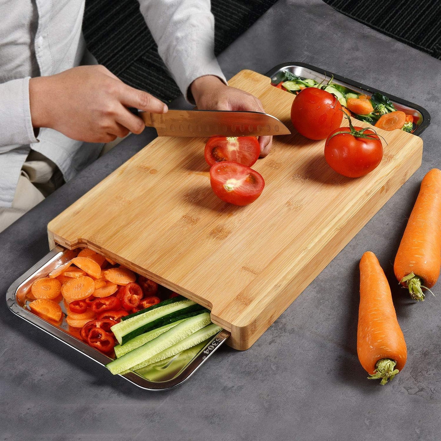 Carla Home Chopping Board With 2 Organiser Stainless Steel Trays Containers
