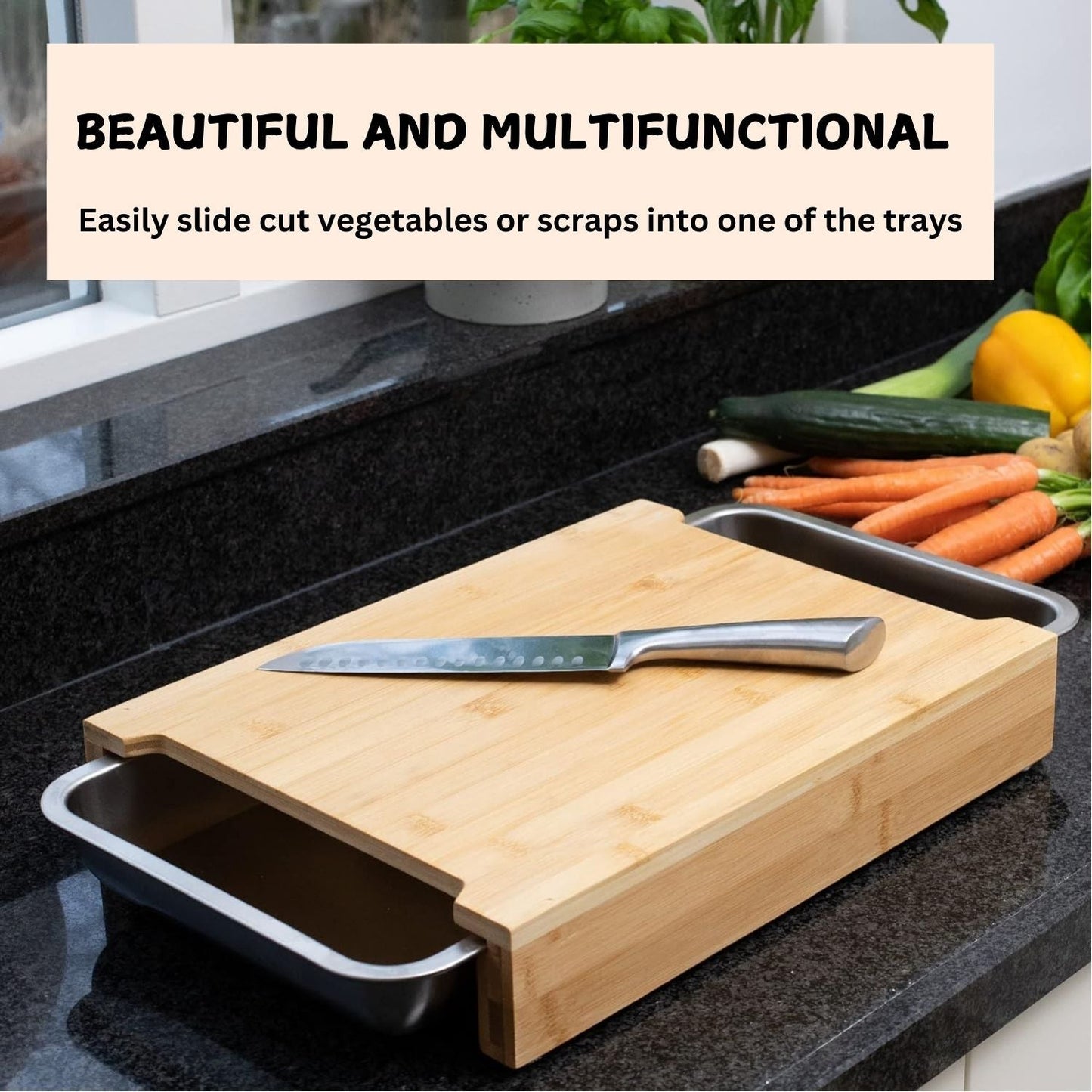 Carla Home Chopping Board With 2 Organiser Stainless Steel Trays Containers