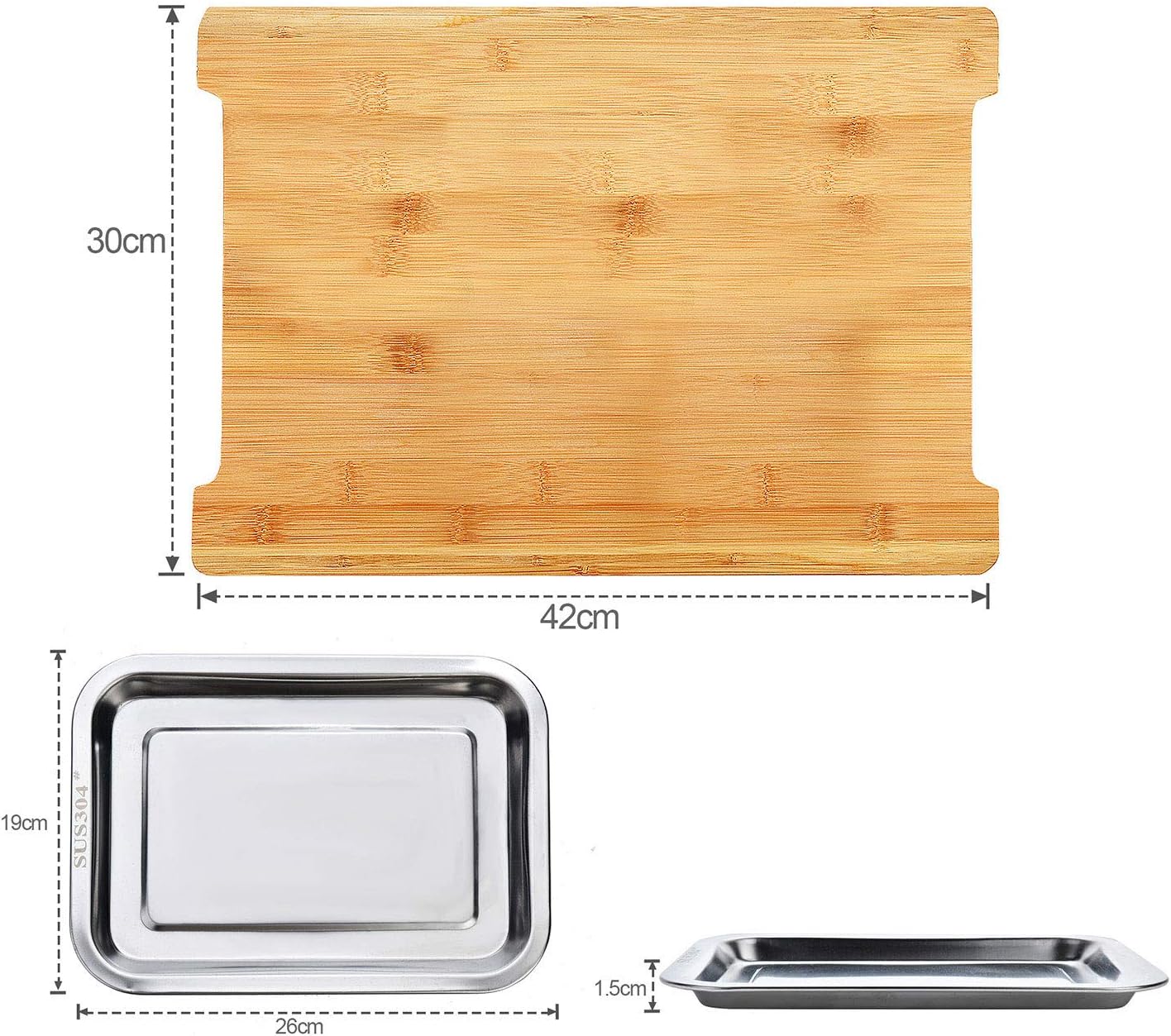 Carla Home Chopping Board With 2 Organiser Stainless Steel Trays Containers
