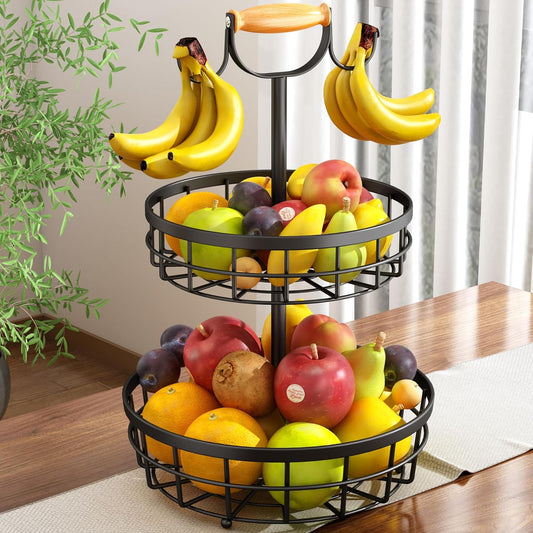 Carla Home 2 Tier Fruit Basket Bowl Storage With Wood Lift Handle And Dual Banana Tree Hanger For Kitchen Countertop