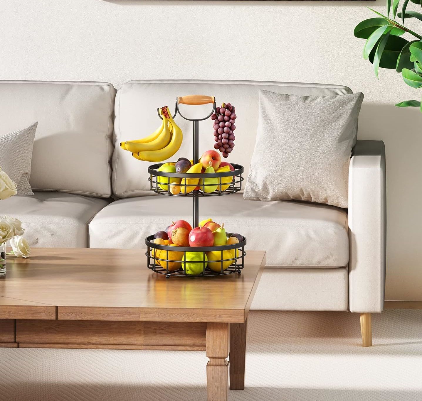 Carla Home 2 Tier Fruit Basket Bowl Storage With Wood Lift Handle And Dual Banana Tree Hanger For Kitchen Countertop