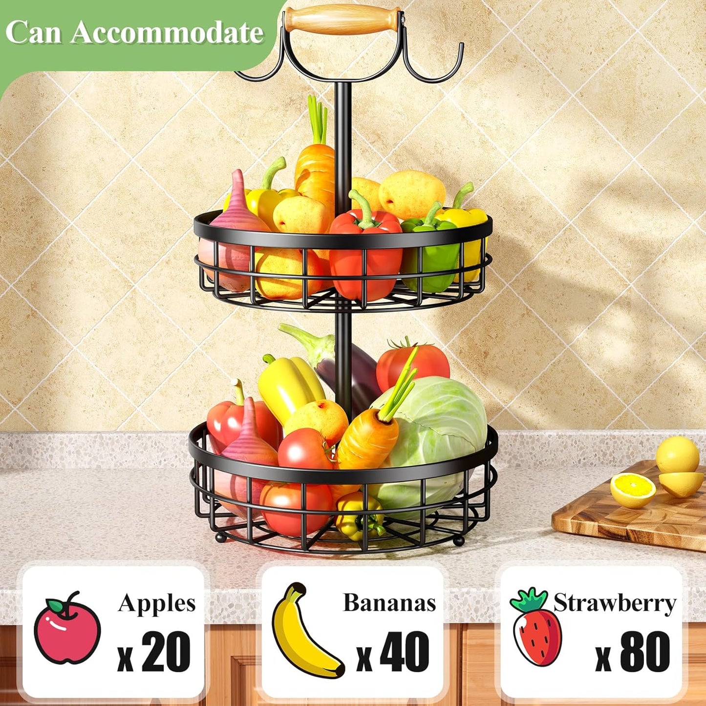 Carla Home 2 Tier Fruit Basket Bowl Storage With Wood Lift Handle And Dual Banana Tree Hanger For Kitchen Countertop