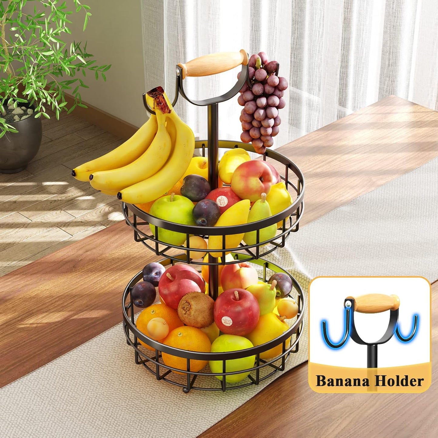 Carla Home 2 Tier Fruit Basket Bowl Storage With Wood Lift Handle And Dual Banana Tree Hanger For Kitchen Countertop