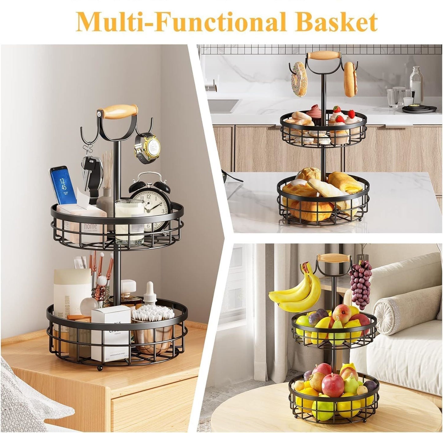 Carla Home 2 Tier Fruit Basket Bowl Storage With Wood Lift Handle And Dual Banana Tree Hanger For Kitchen Countertop