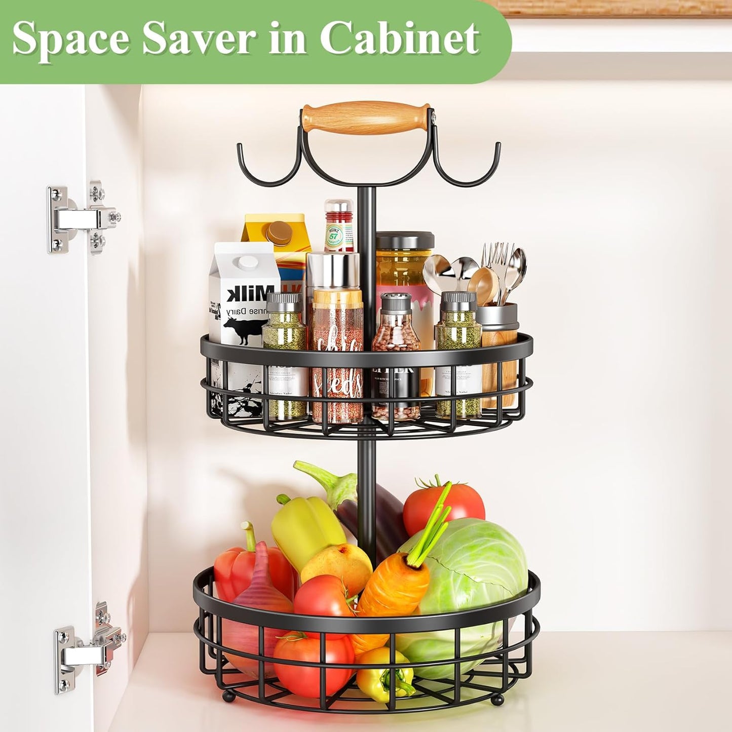 Carla Home 2 Tier Fruit Basket Bowl Storage With Wood Lift Handle And Dual Banana Tree Hanger For Kitchen Countertop