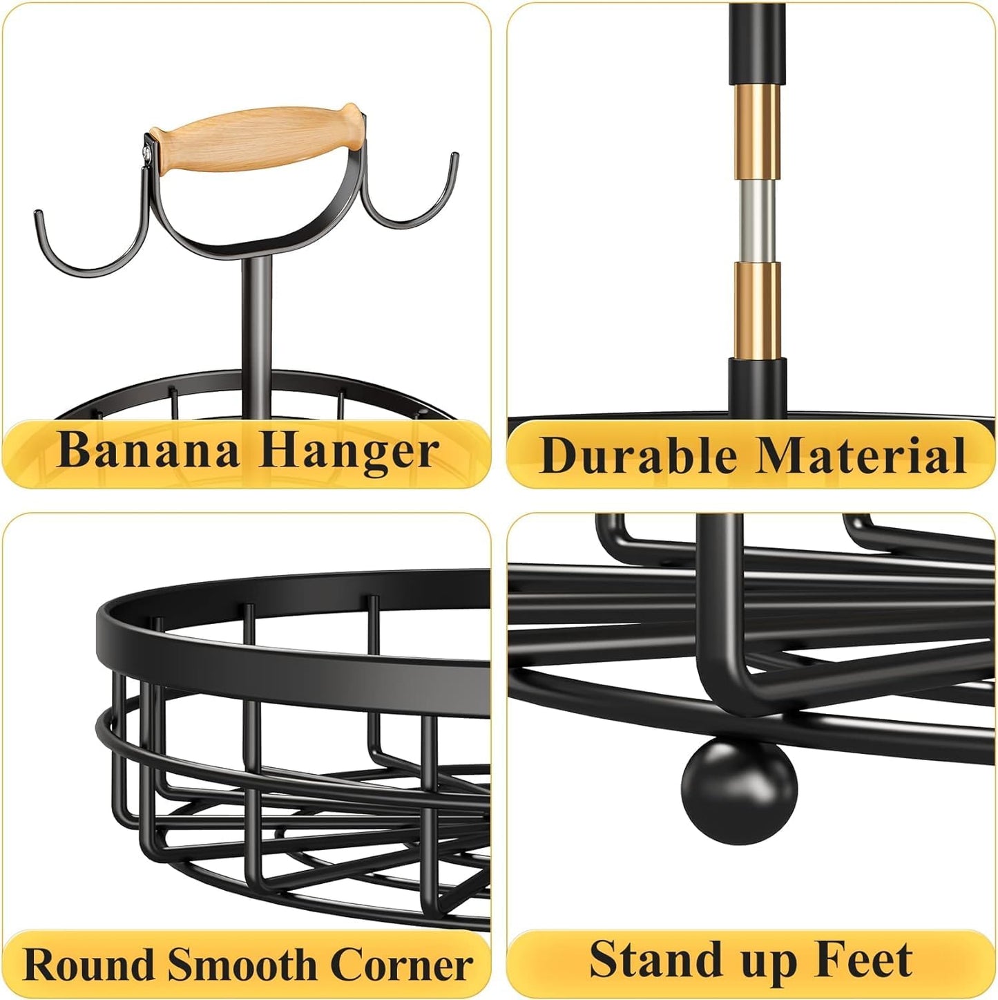 Carla Home 2 Tier Fruit Basket Bowl Storage With Wood Lift Handle And Dual Banana Tree Hanger For Kitchen Countertop