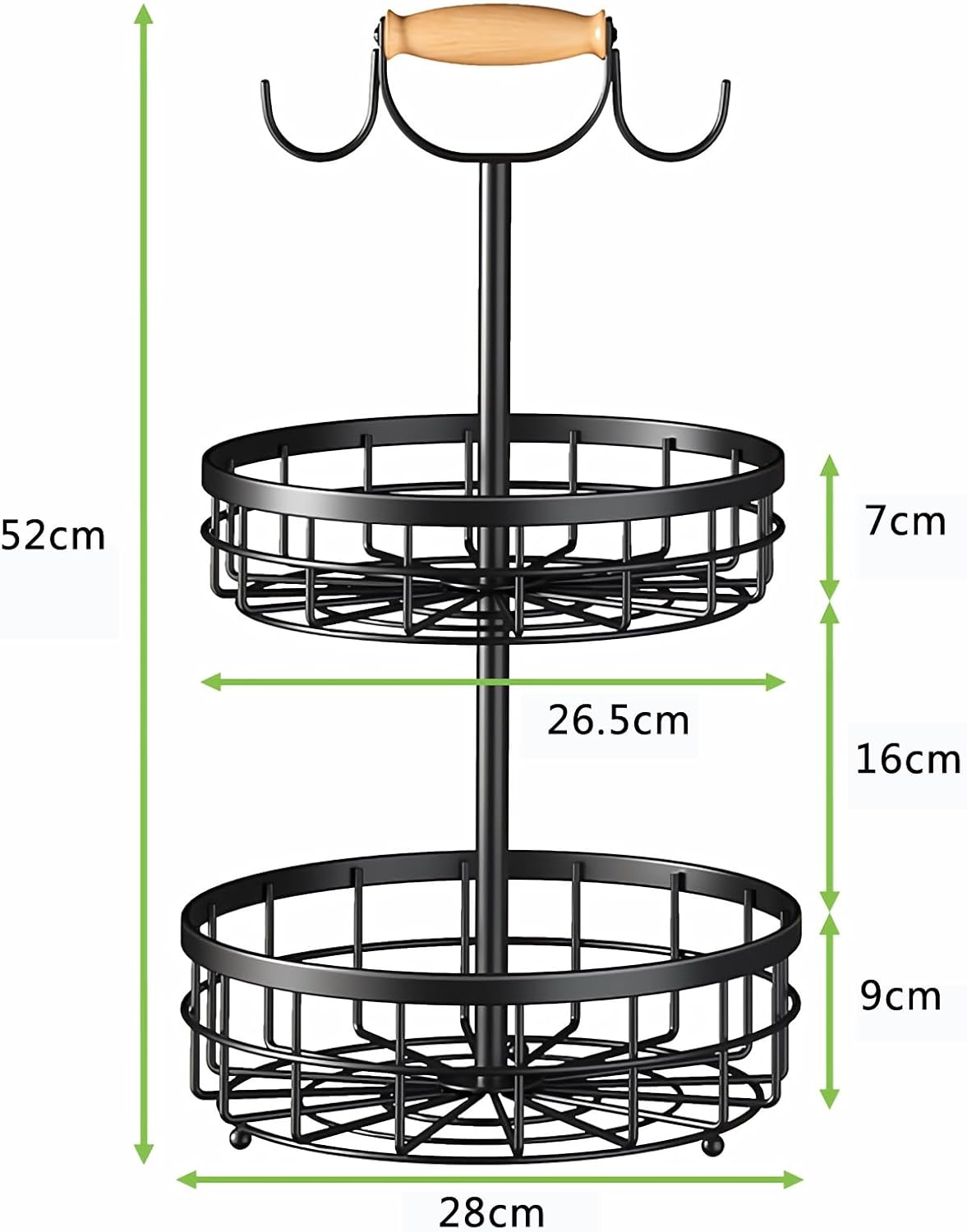 Carla Home 2 Tier Fruit Basket Bowl Storage With Wood Lift Handle And Dual Banana Tree Hanger For Kitchen Countertop