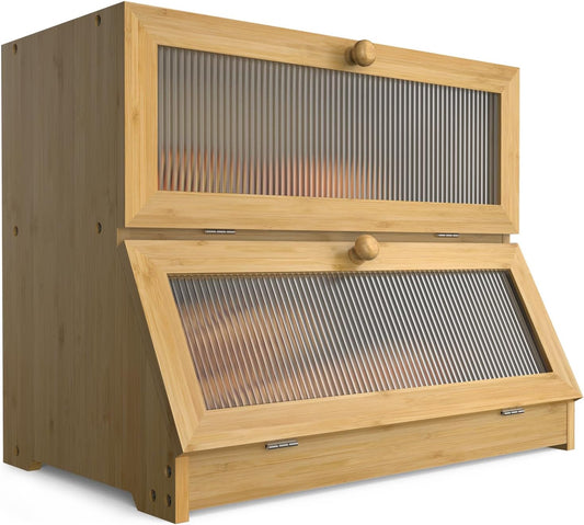 Carla Home Double Layer Bamboo Bread Box For Kitchen Counter With Large Capacity And Clear Window
