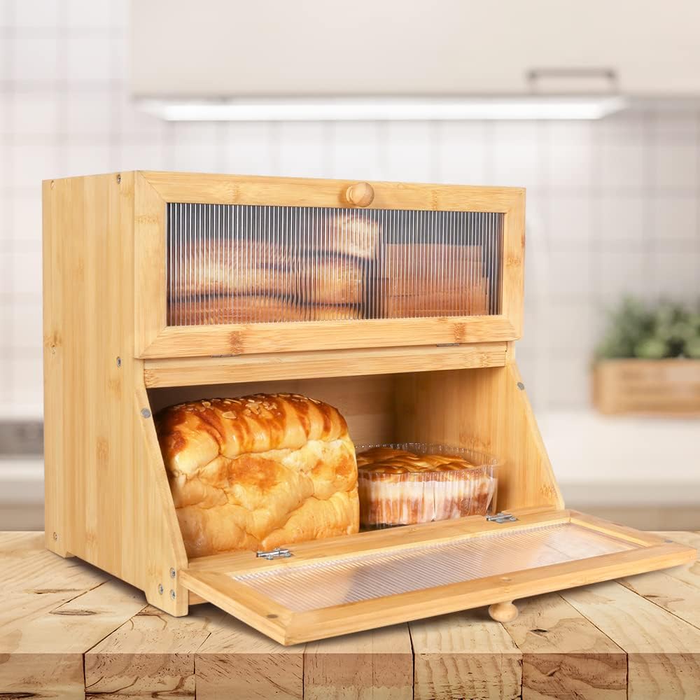Carla Home Double Layer Bamboo Bread Box For Kitchen Counter With Large Capacity And Clear Window