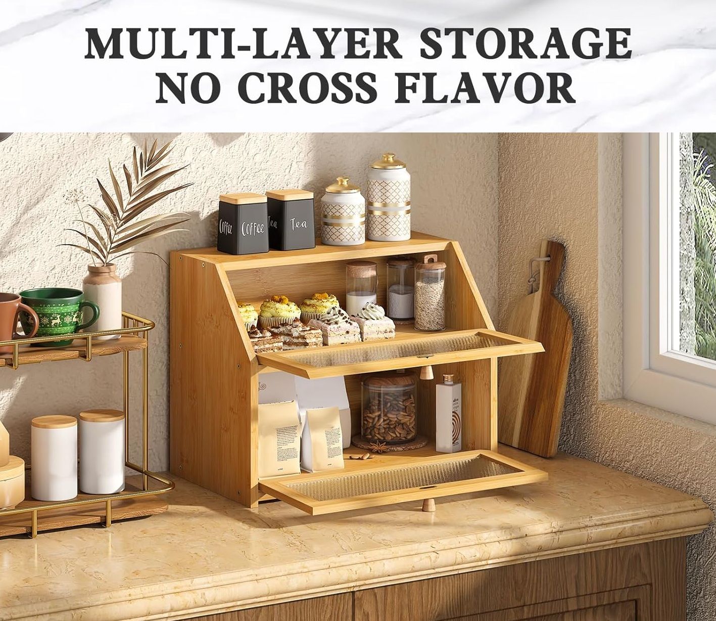 Carla Home Double Layer Bamboo Bread Box For Kitchen Counter With Large Capacity And Clear Window