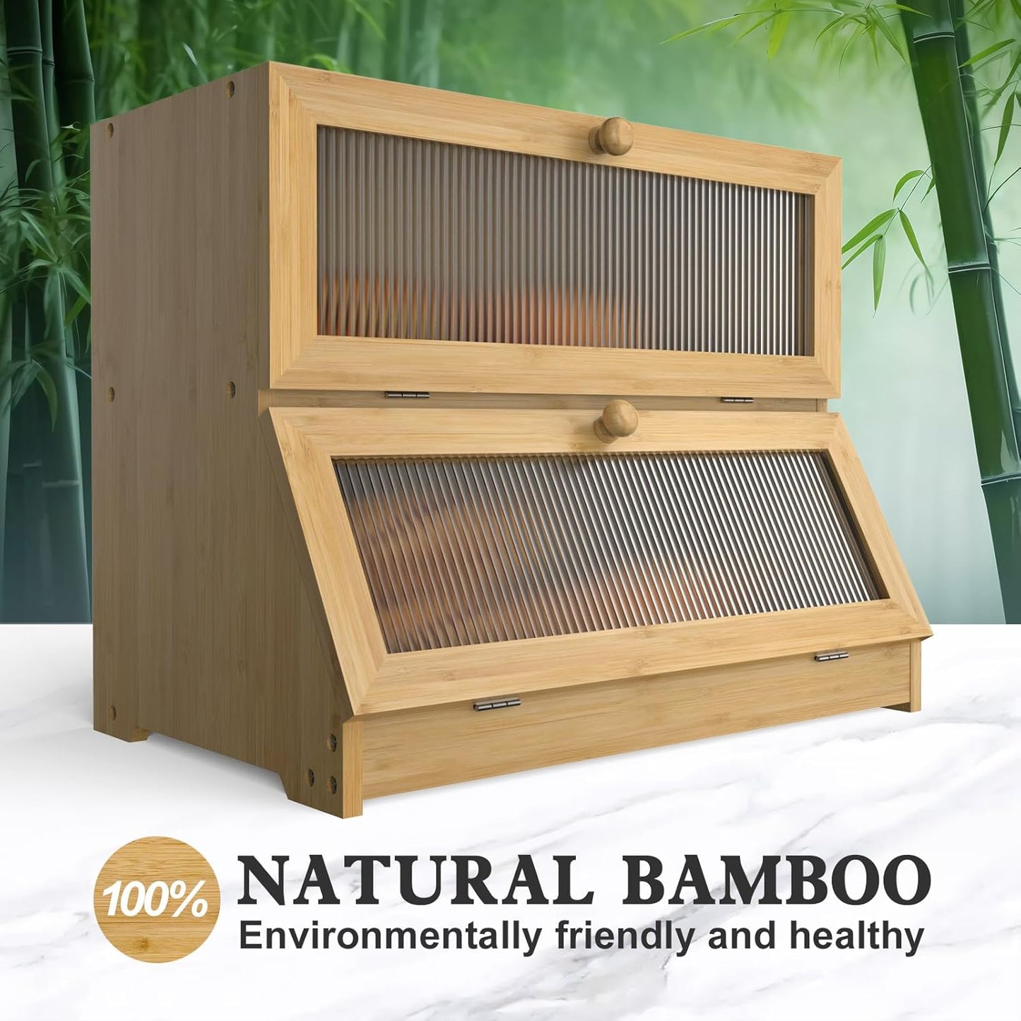 Carla Home Double Layer Bamboo Bread Box For Kitchen Counter With Large Capacity And Clear Window