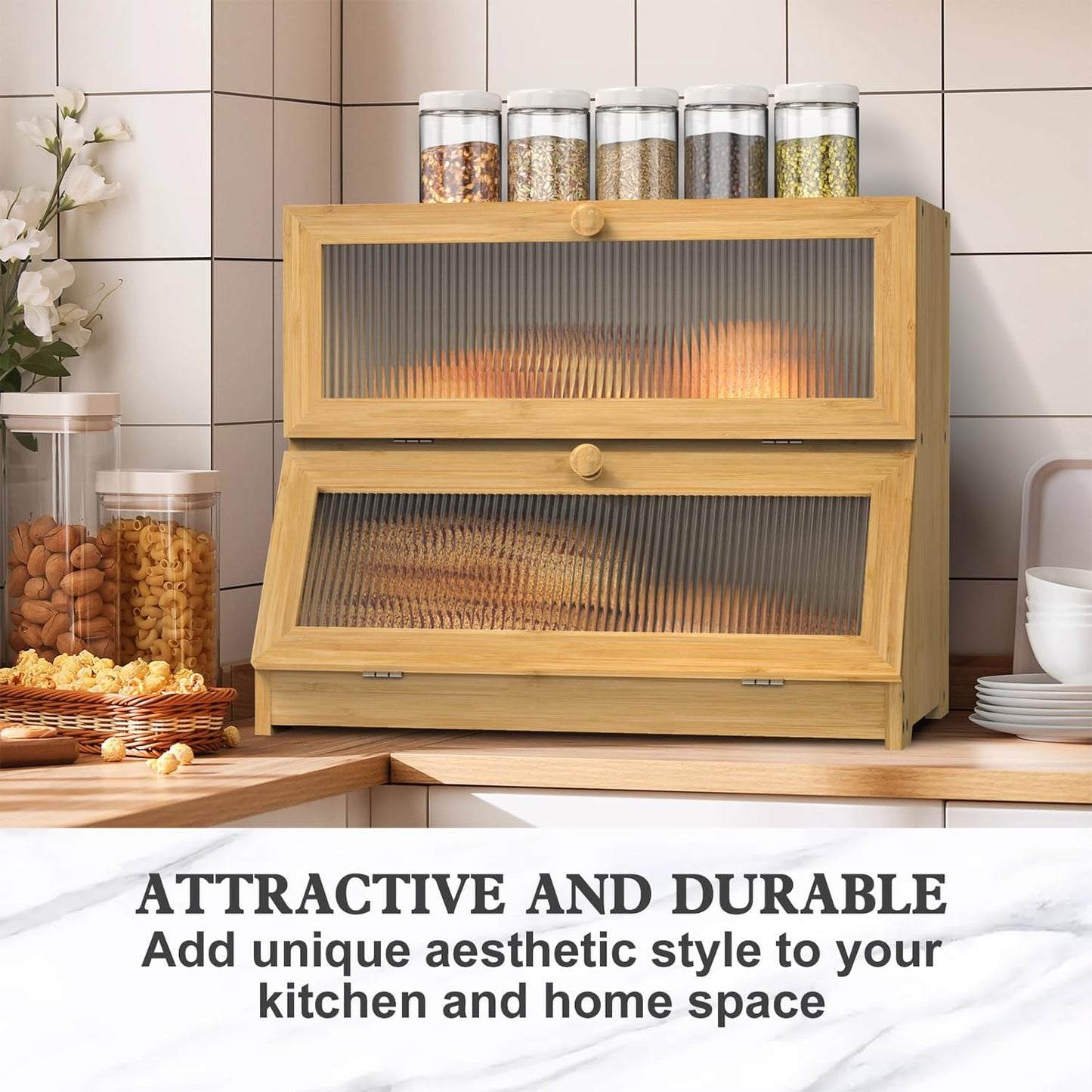 Carla Home Double Layer Bamboo Bread Box For Kitchen Counter With Large Capacity And Clear Window