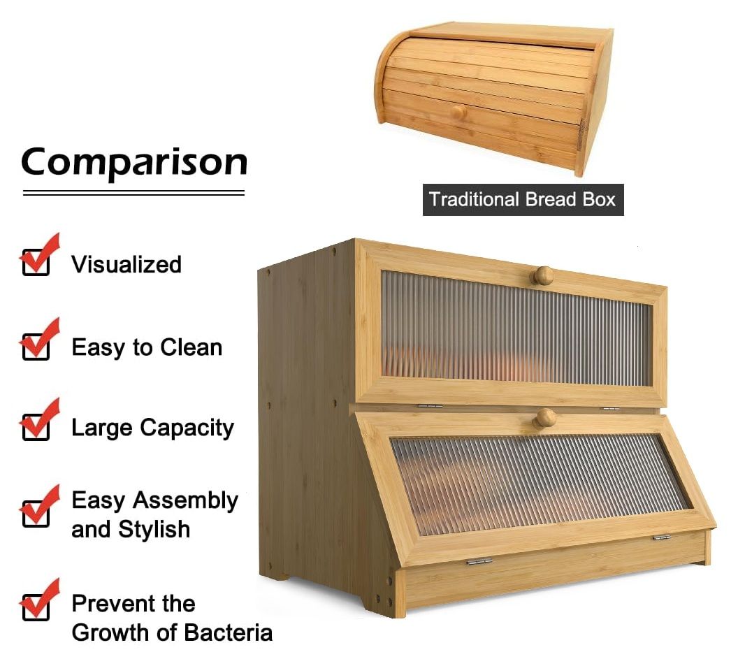 Carla Home Double Layer Bamboo Bread Box For Kitchen Counter With Large Capacity And Clear Window