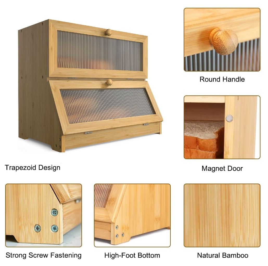 Carla Home Double Layer Bamboo Bread Box For Kitchen Counter With Large Capacity And Clear Window