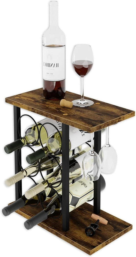 Carla Home Wine Rack Countertop Wooden & Metal Holder For 6 Bottles 2 Glasses