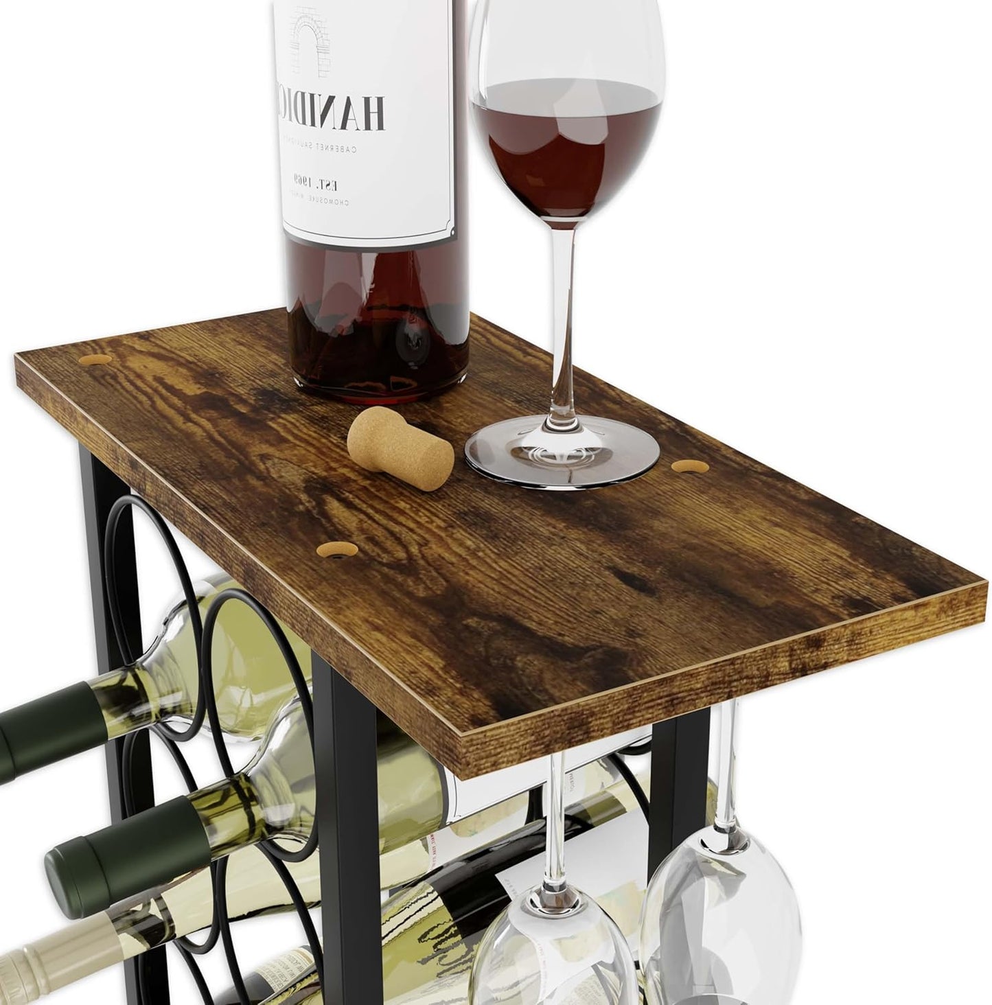 Carla Home Wine Rack Countertop Wooden & Metal Holder For 6 Bottles 2 Glasses