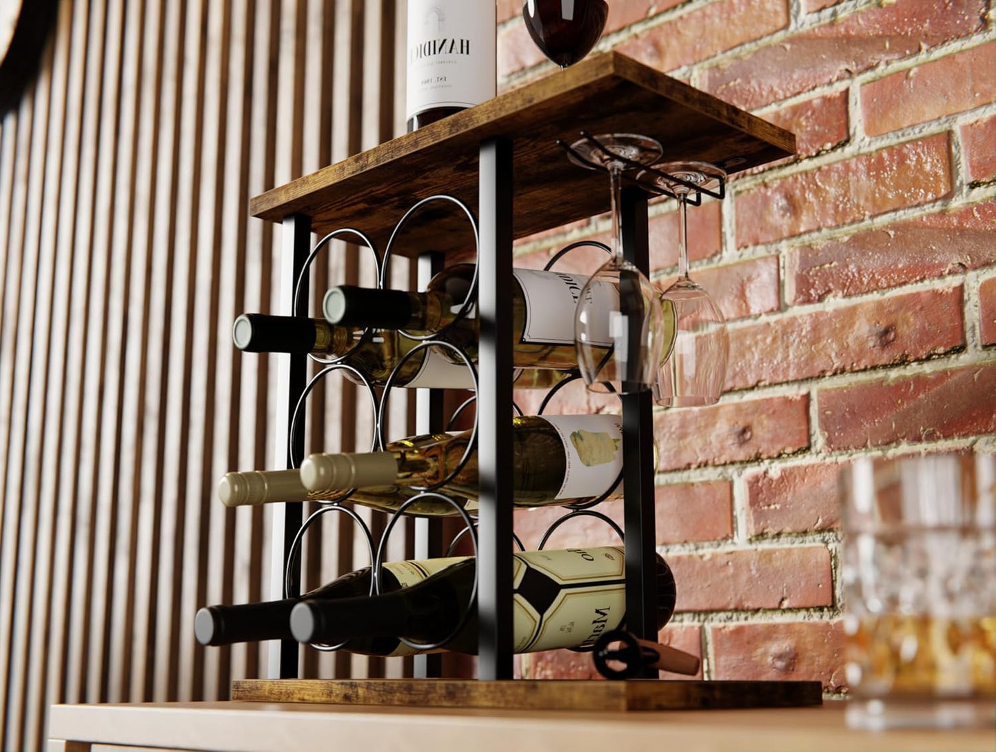 Carla Home Wine Rack Countertop Wooden & Metal Holder For 6 Bottles 2 Glasses
