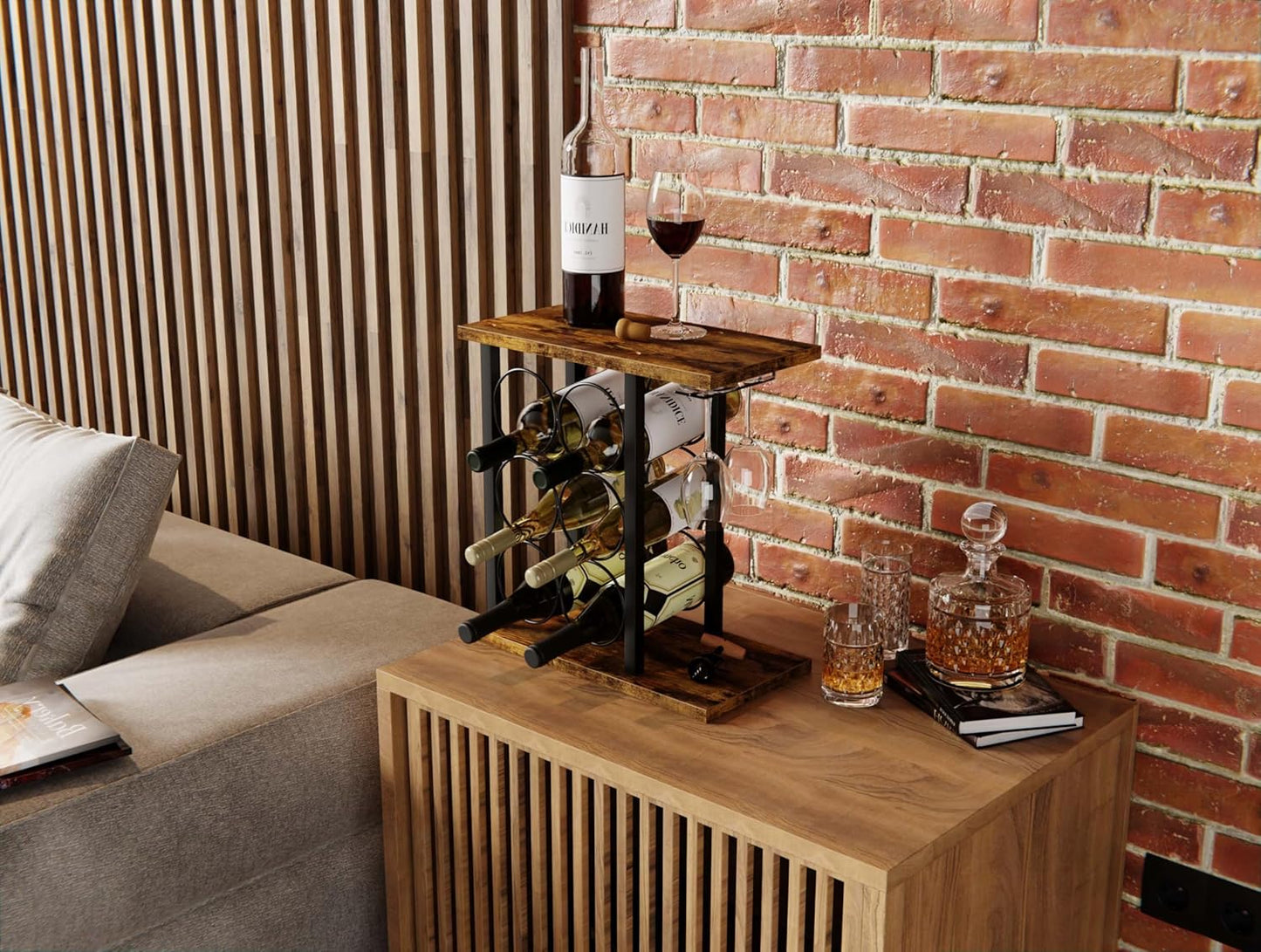 Carla Home Wine Rack Countertop Wooden & Metal Holder For 6 Bottles 2 Glasses