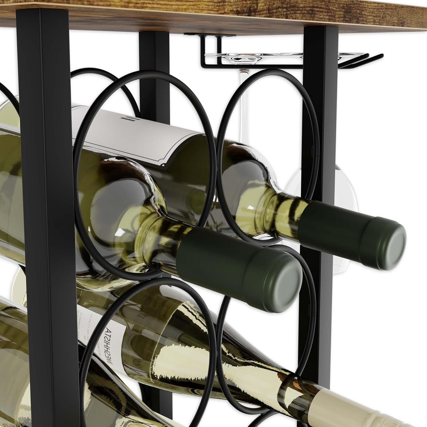Carla Home Wine Rack Countertop Wooden & Metal Holder For 6 Bottles 2 Glasses