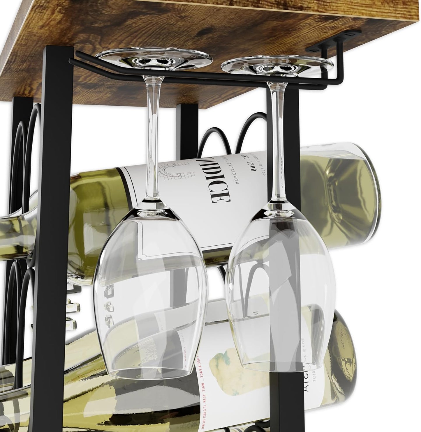 Carla Home Wine Rack Countertop Wooden & Metal Holder For 6 Bottles 2 Glasses