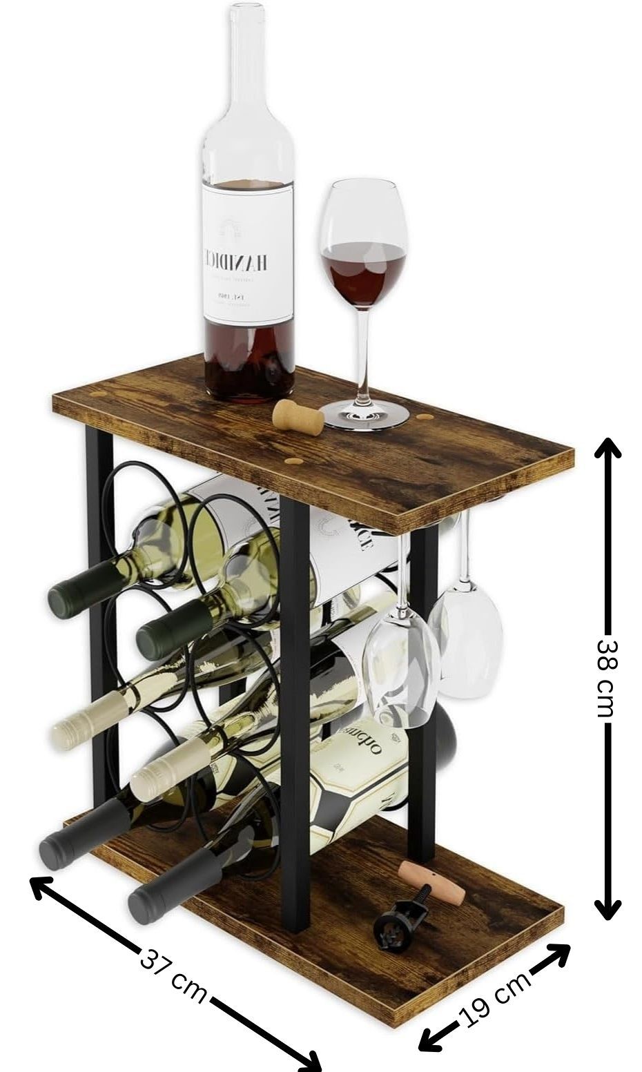 Carla Home Wine Rack Countertop Wooden & Metal Holder For 6 Bottles 2 Glasses