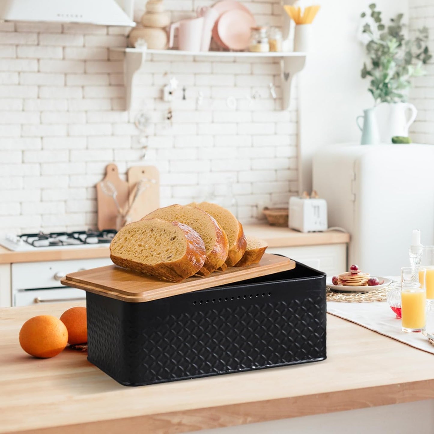 Carla Home Bread Bin With Bamboo Lid Used As Chopping Board For Kitchen Countertop