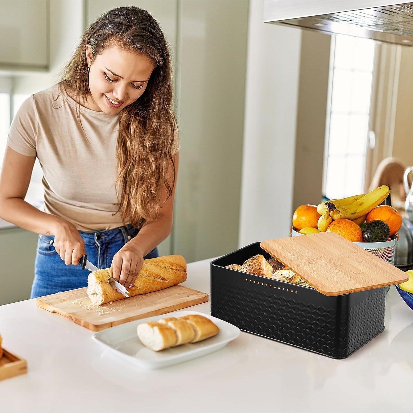 Carla Home Bread Bin With Bamboo Lid Used As Chopping Board For Kitchen Countertop