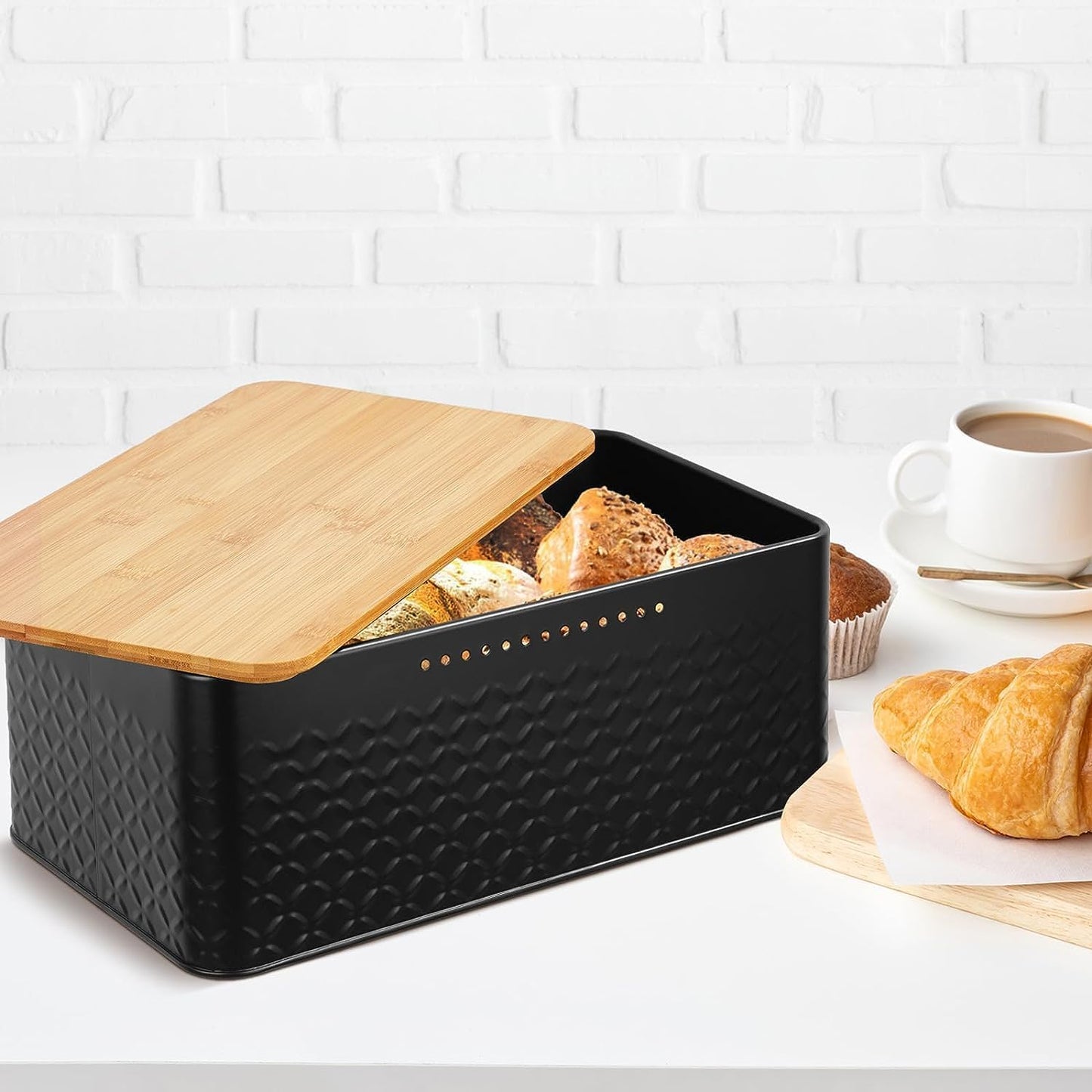 Carla Home Bread Bin With Bamboo Lid Used As Chopping Board For Kitchen Countertop