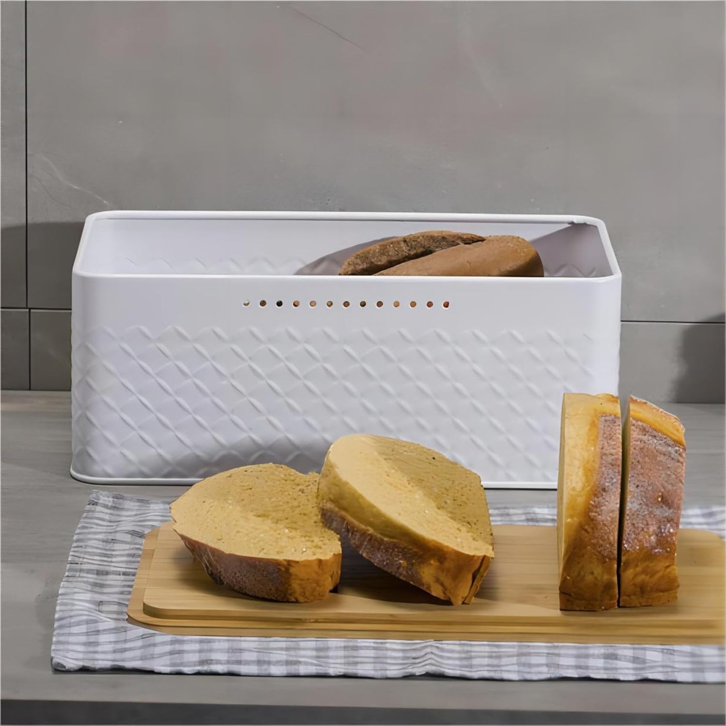 Carla Home Bread Bin With Bamboo Lid Used As Chopping Board For Kitchen Countertop