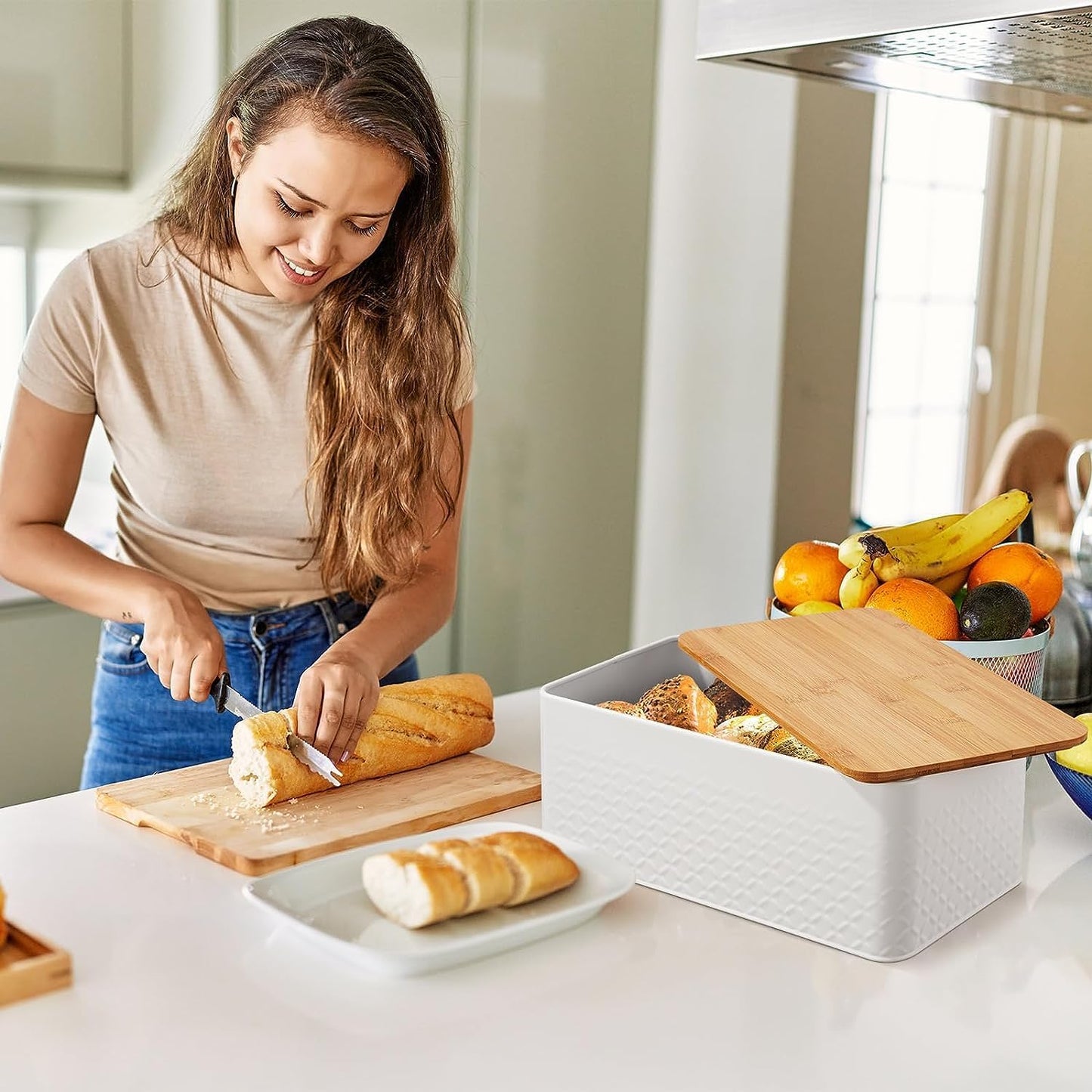 Carla Home Bread Bin With Bamboo Lid Used As Chopping Board For Kitchen Countertop