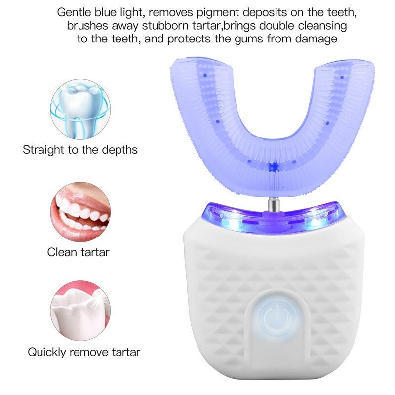 360 Degrees Automatic Electric Toothbrush Rechargeable Ultrasonic U-Type Blue Light Whitening