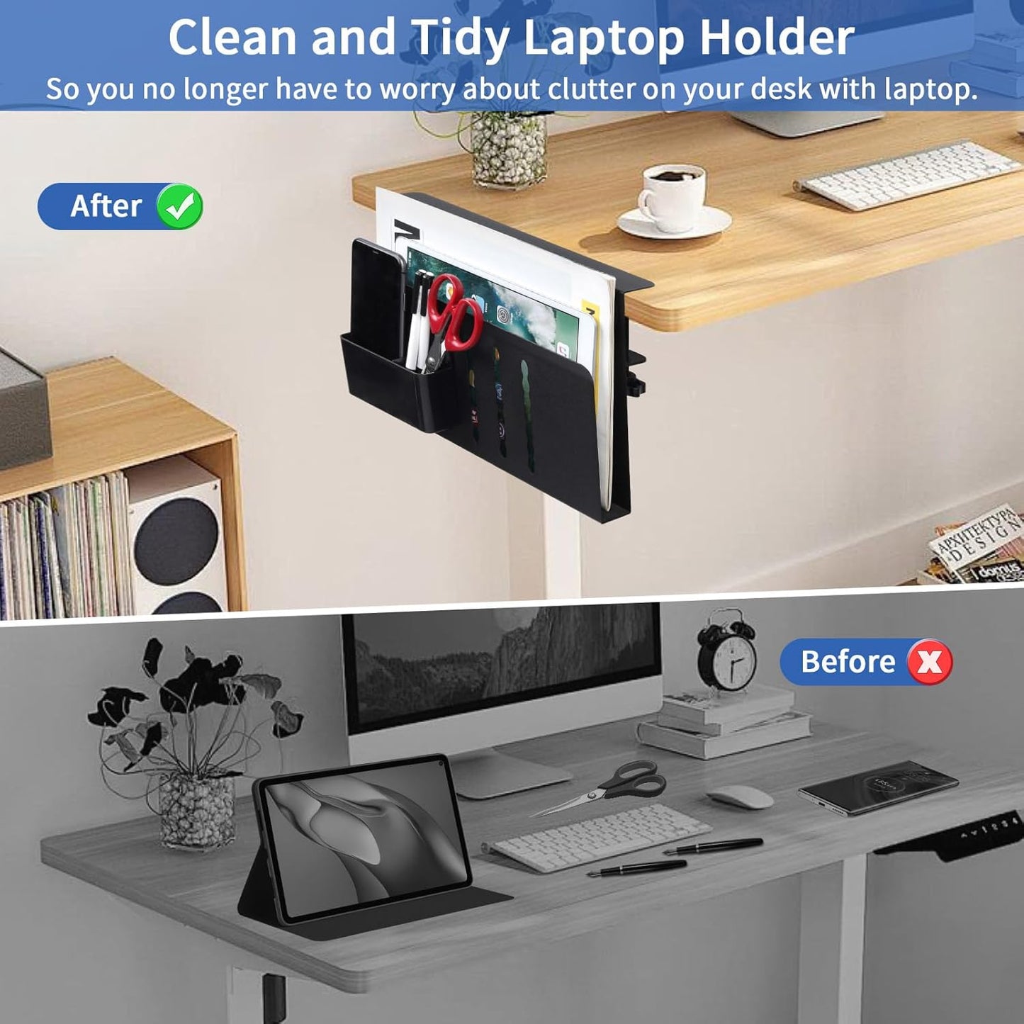 Carla Home Under Desk Side Laptop Holder Storage With No Drill Cable Management Tray And Pen For Office