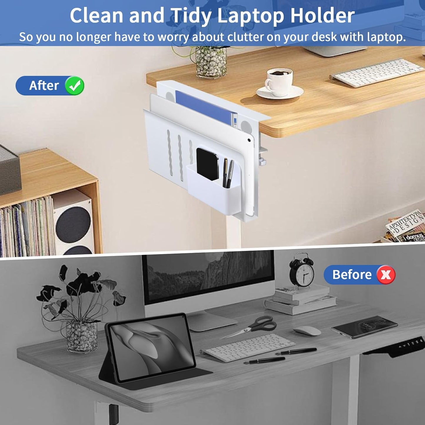 Carla Home Under Desk Side Laptop Holder Storage With No Drill Cable Management Tray And Pen For Office