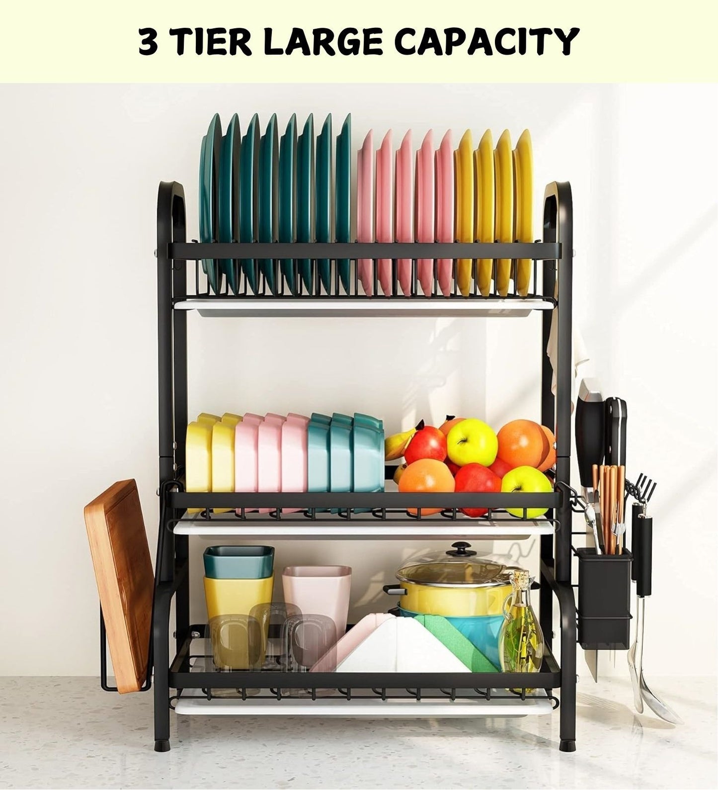 Carla Home Dish Drying Rack 3 Tier Large Capacity Kitchen Storage With Utensil And Cutting Board Holder