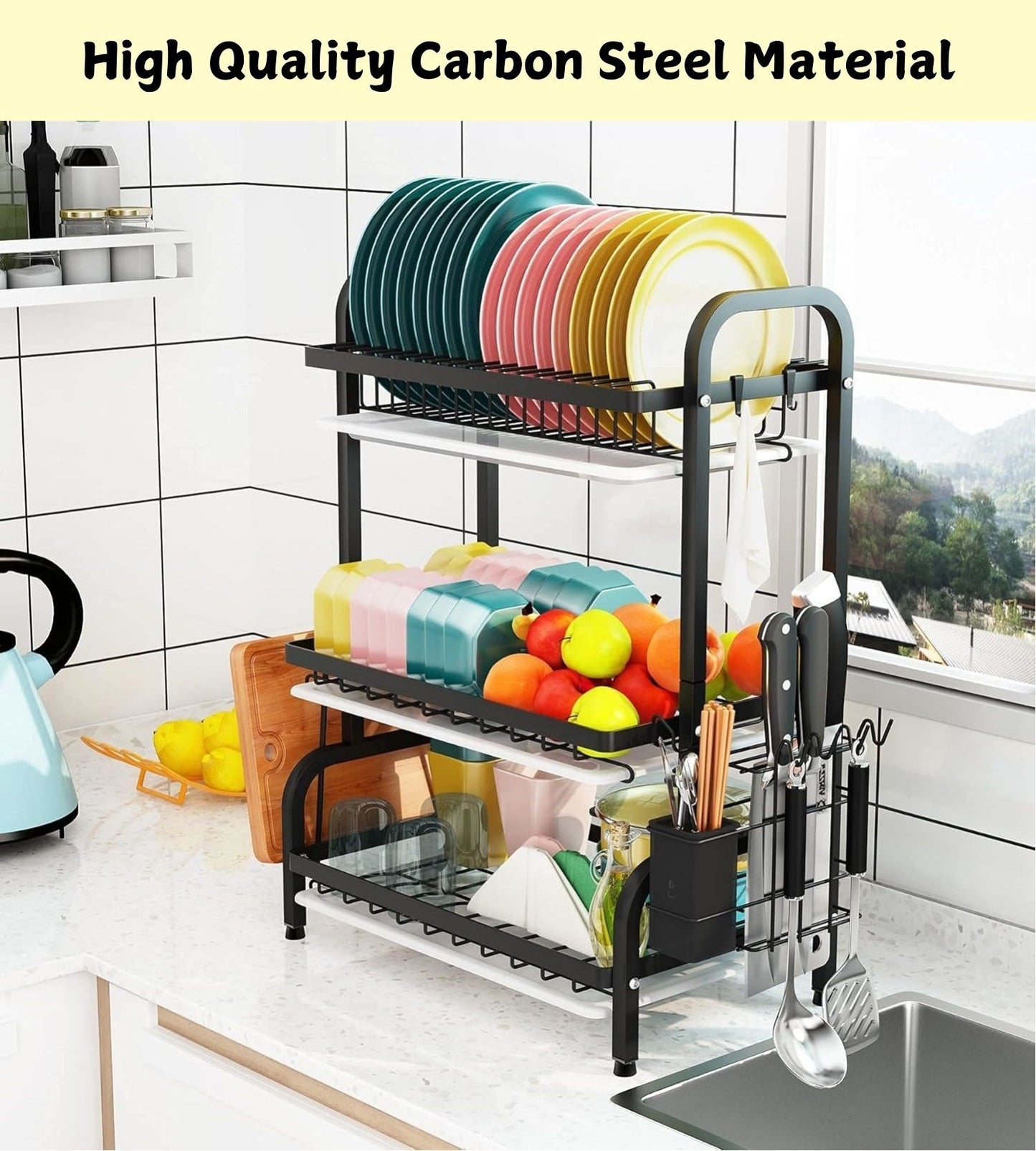 Carla Home Dish Drying Rack 3 Tier Large Capacity Kitchen Storage With Utensil And Cutting Board Holder