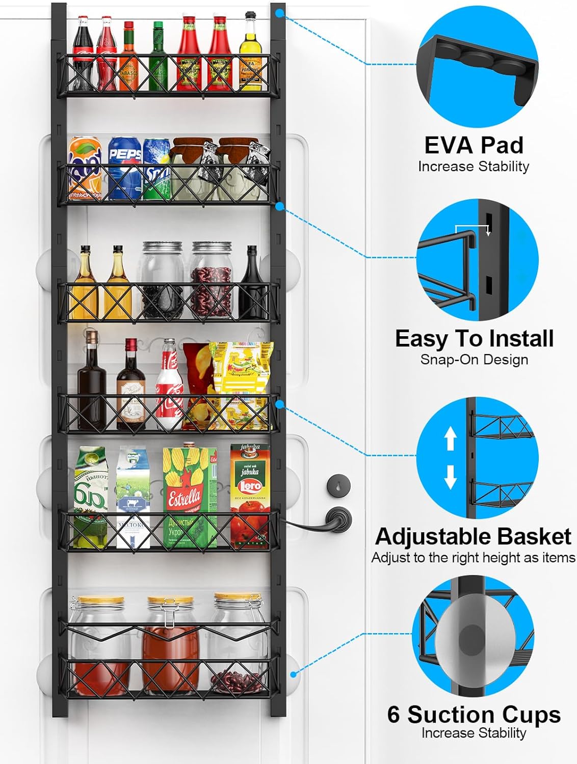 Carla Home 6 Tier Adjustable Baskets Over Door Pantry Organiser For Kitchen