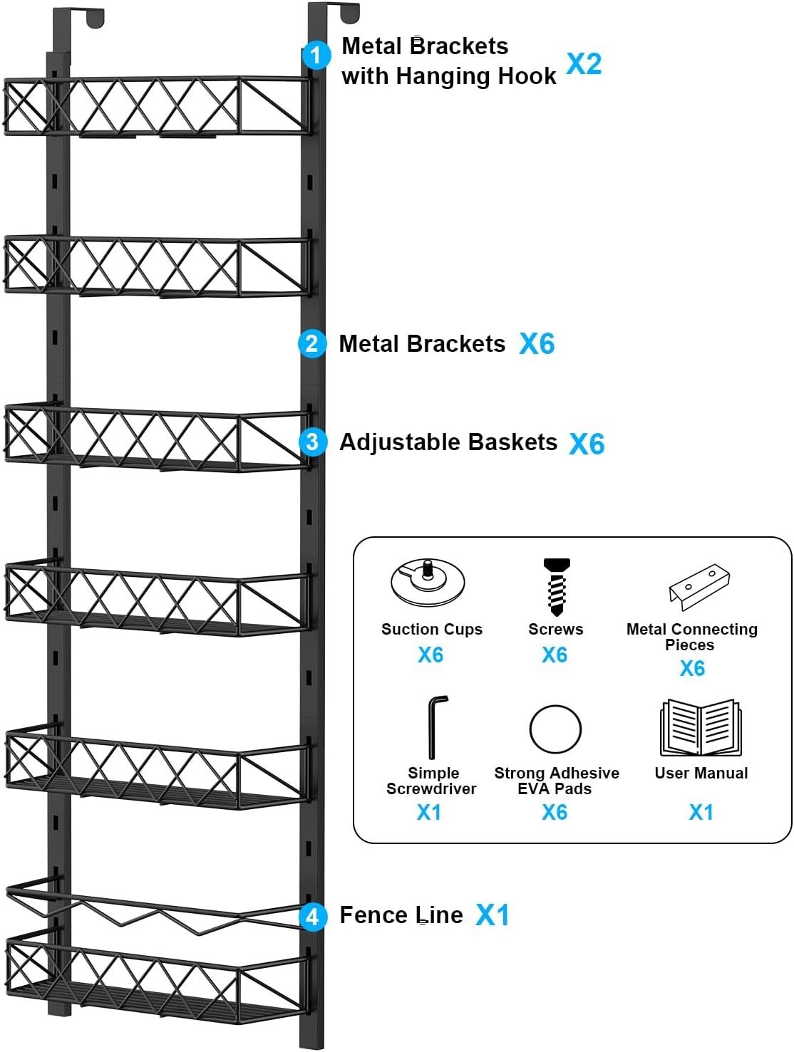 Carla Home 6 Tier Adjustable Baskets Over Door Pantry Organiser For Kitchen