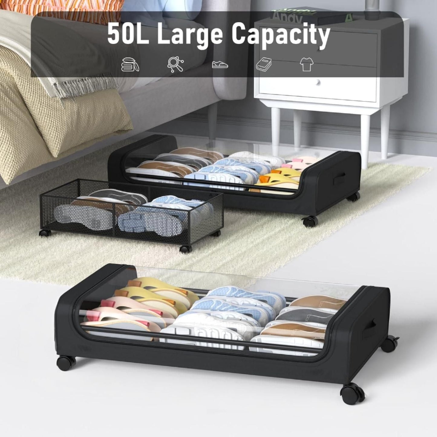 Carla Home Xxl Under Bed Rolling Storage Containers With 50L Large Capacity And Wheels