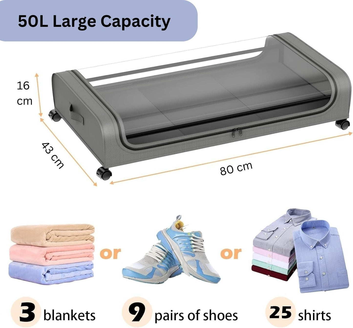 CARLA HOME XXL Under Bed Rolling Storage Containers with 50L Large Capacity and Wheels