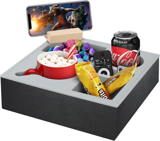 Carla Home Couch Cup Holder Tray With Soft Silicone & Rotatable Phone For Storaging Drinks Snacks